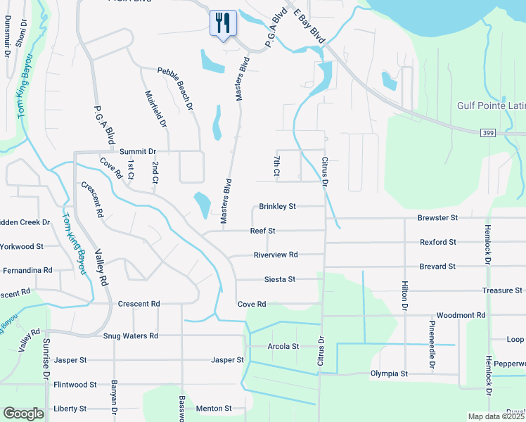 map of restaurants, bars, coffee shops, grocery stores, and more near 7181 Brinkley Street in Navarre
