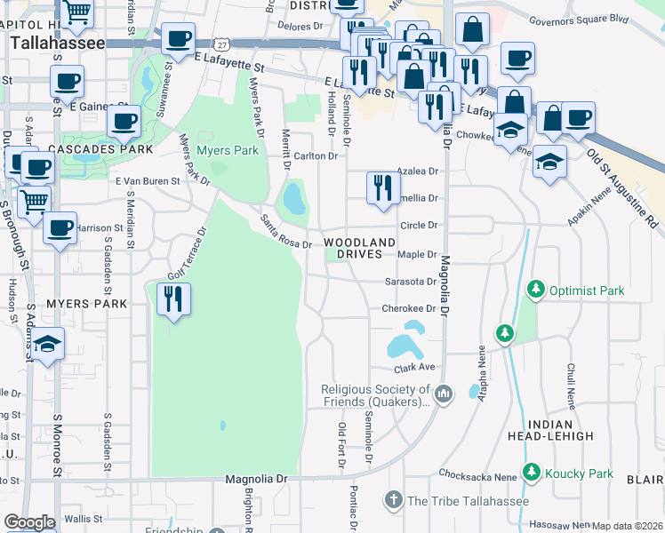 map of restaurants, bars, coffee shops, grocery stores, and more near 1003 Maple Drive in Tallahassee