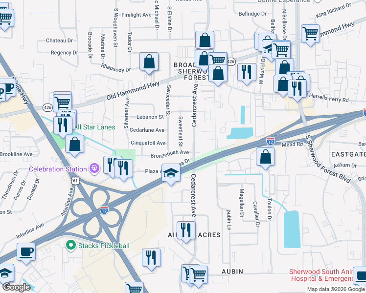 map of restaurants, bars, coffee shops, grocery stores, and more near 2465 Sweetleaf Street in Baton Rouge