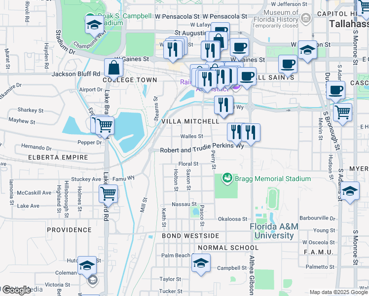 map of restaurants, bars, coffee shops, grocery stores, and more near 1425 Russell Street in Tallahassee