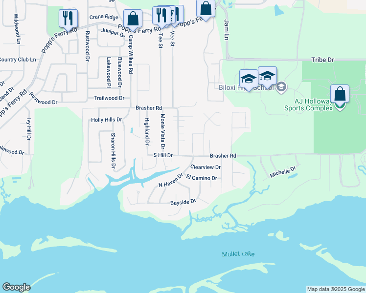 map of restaurants, bars, coffee shops, grocery stores, and more near 2004 Brasher Road in Biloxi