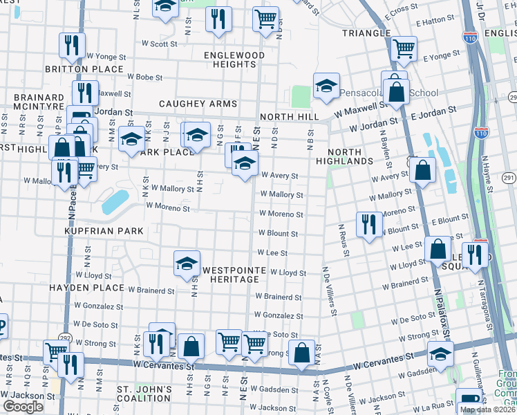 map of restaurants, bars, coffee shops, grocery stores, and more near 840 West Moreno Street in Pensacola