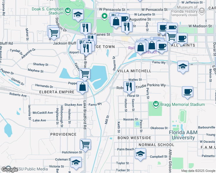 map of restaurants, bars, coffee shops, grocery stores, and more near 702 Gamble Street in Tallahassee