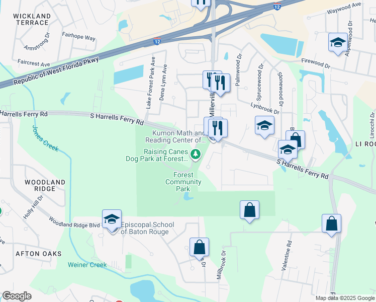 map of restaurants, bars, coffee shops, grocery stores, and more near 3200 Woodland Ridge Boulevard in Baton Rouge