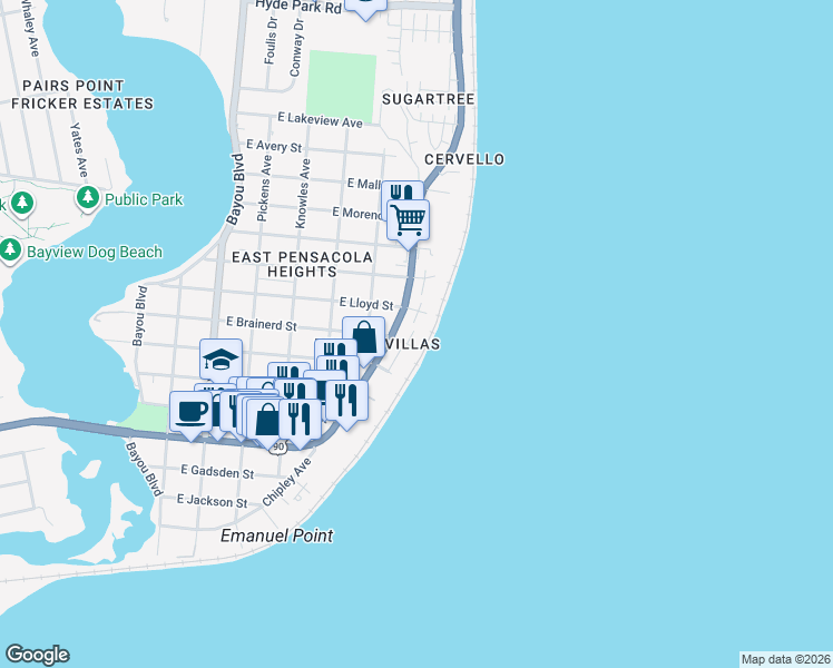 map of restaurants, bars, coffee shops, grocery stores, and more near 814 Bay Boulevard in Pensacola