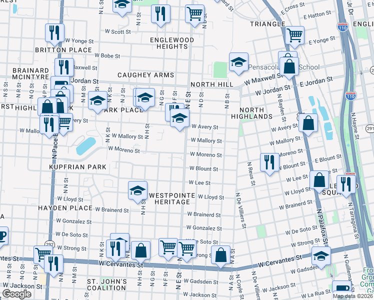 map of restaurants, bars, coffee shops, grocery stores, and more near 840 West Moreno Street in Pensacola