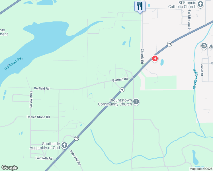 map of restaurants, bars, coffee shops, grocery stores, and more near 19615 Barfield Road in Blountstown