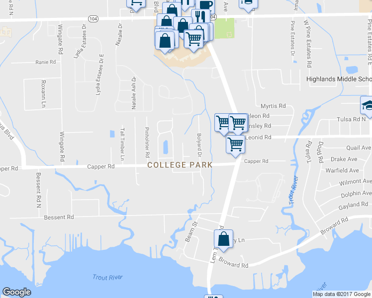 map of restaurants, bars, coffee shops, grocery stores, and more near 10681 Academy Park Drive in Jacksonville