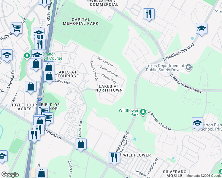 map of restaurants, bars, coffee shops, grocery stores, and more near 825 Watson Way in Pflugerville