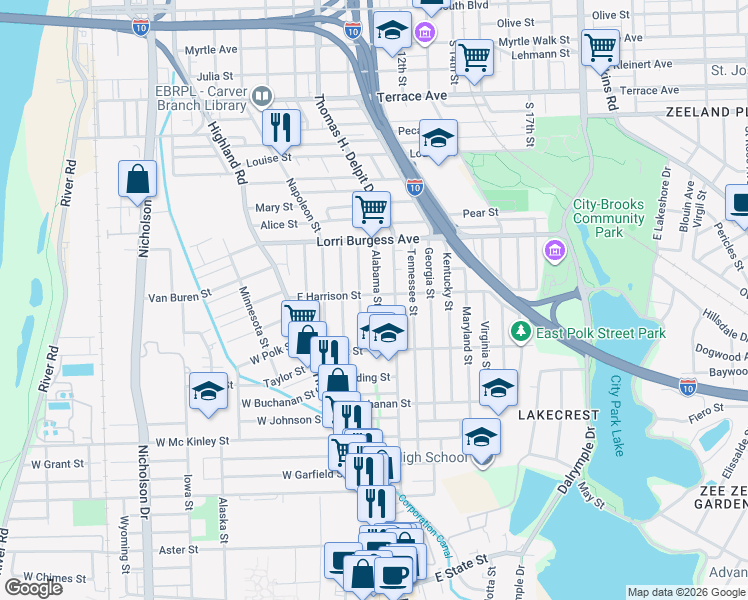 map of restaurants, bars, coffee shops, grocery stores, and more near 602 East Harrison Street in Baton Rouge