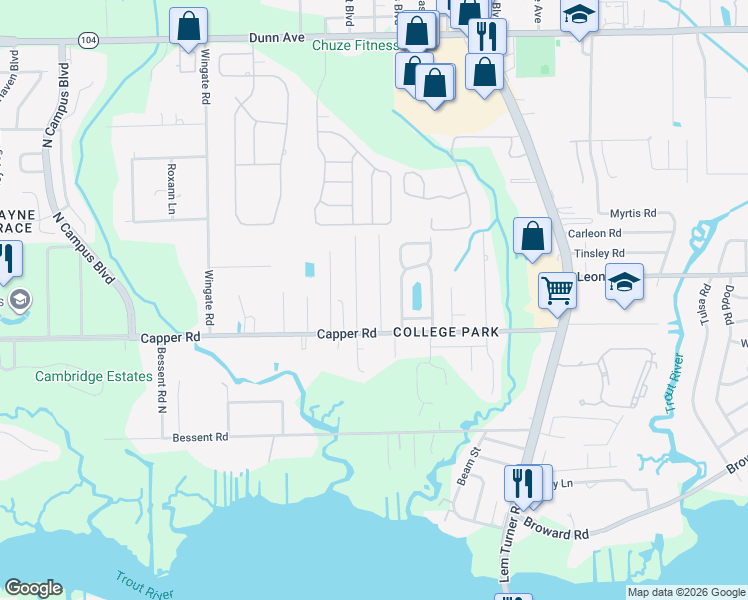 map of restaurants, bars, coffee shops, grocery stores, and more near 10644 Pinholster Road in Jacksonville
