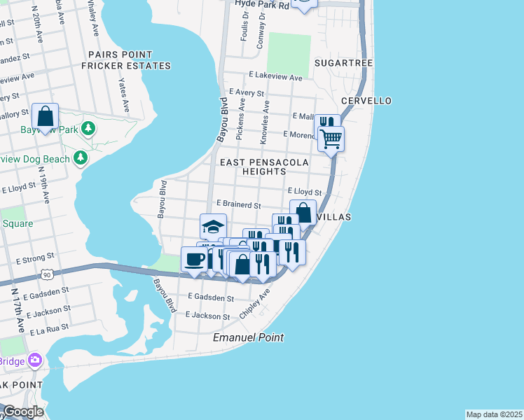 map of restaurants, bars, coffee shops, grocery stores, and more near 3101 East Brainerd Street in Pensacola