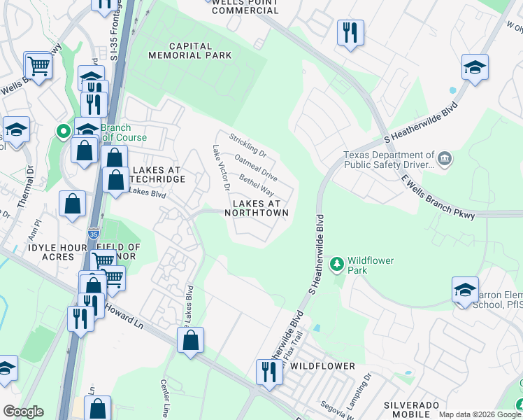 map of restaurants, bars, coffee shops, grocery stores, and more near 825 Watson Way in Pflugerville