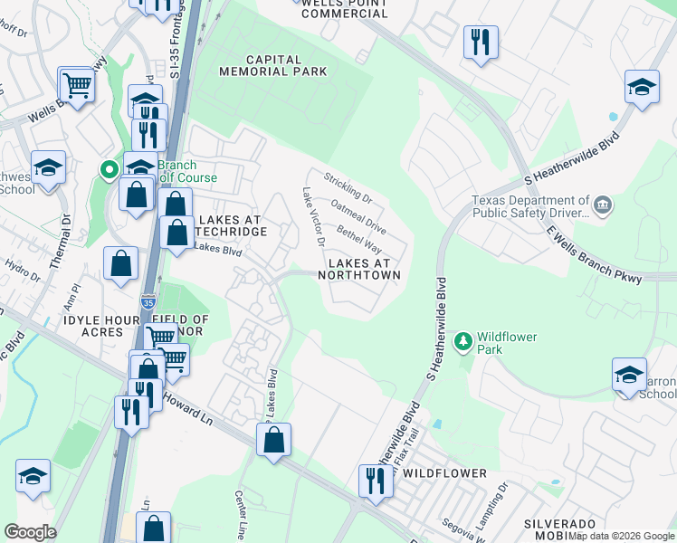 map of restaurants, bars, coffee shops, grocery stores, and more near 14301 Lake Victor Drive in Pflugerville