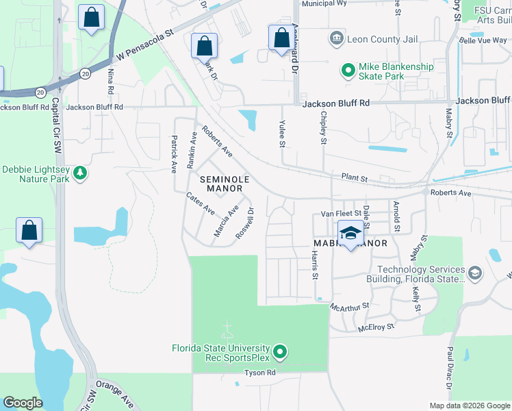 map of restaurants, bars, coffee shops, grocery stores, and more near 3834 Roswell Drive in Tallahassee