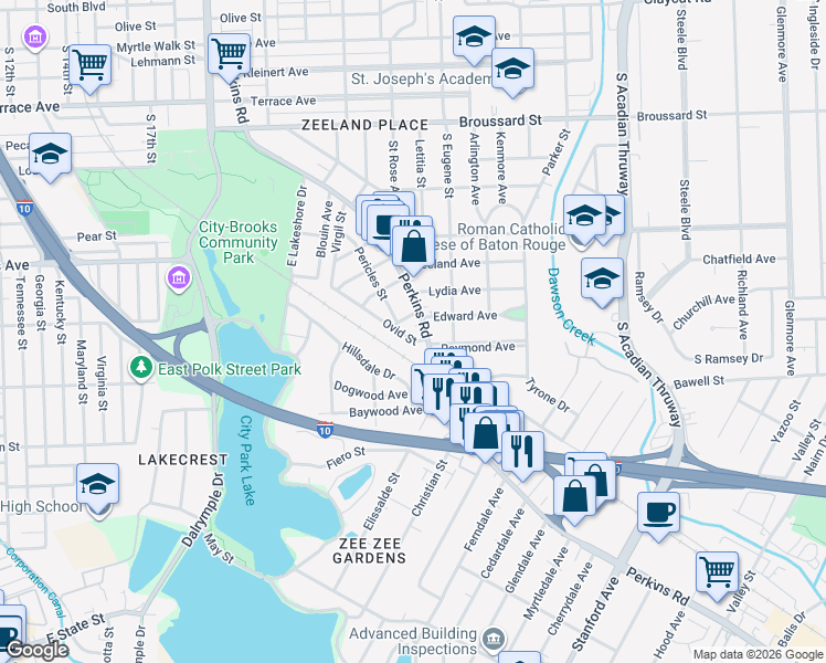 map of restaurants, bars, coffee shops, grocery stores, and more near 2229 Ovid Street in Baton Rouge