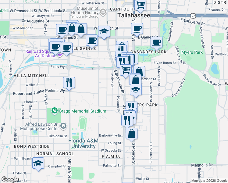 map of restaurants, bars, coffee shops, grocery stores, and more near 1437 Melvin Street in Tallahassee