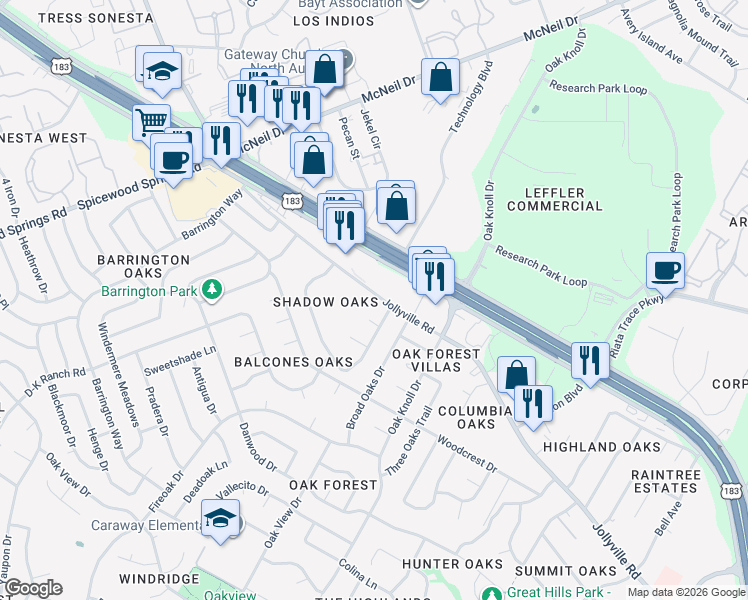 map of restaurants, bars, coffee shops, grocery stores, and more near 12102 Jollyville Road in Austin