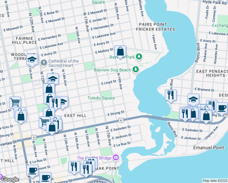 map of restaurants, bars, coffee shops, grocery stores, and more near 1817 East Brainerd Street in Pensacola