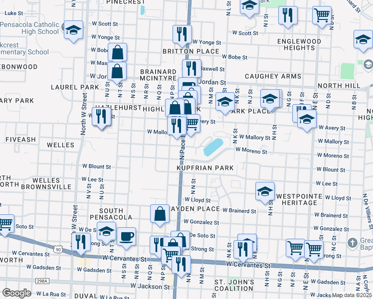 map of restaurants, bars, coffee shops, grocery stores, and more near 1608 North Pace Boulevard in Pensacola