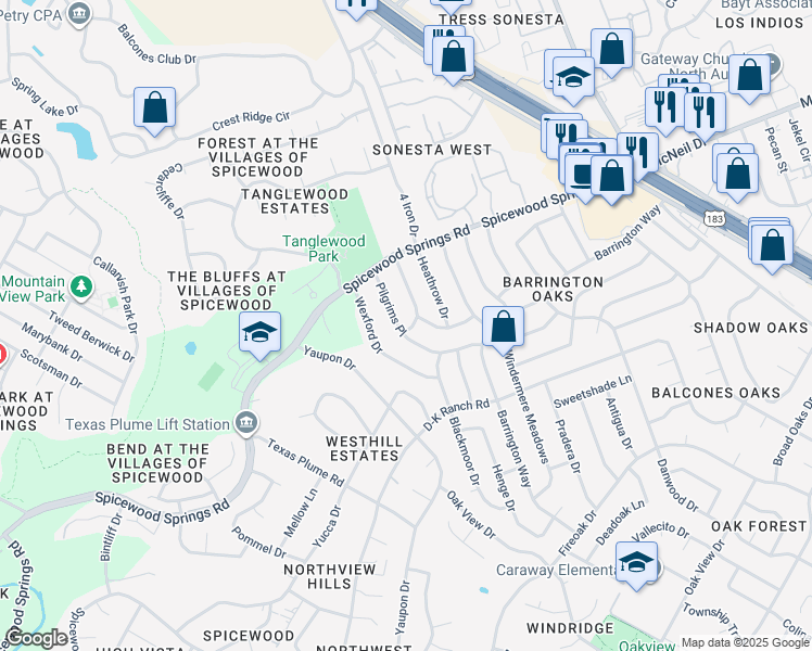 map of restaurants, bars, coffee shops, grocery stores, and more near 8200 Pilgrims Place in Austin
