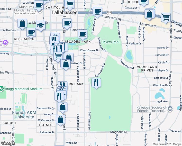 map of restaurants, bars, coffee shops, grocery stores, and more near 529 East Jennings Street in Tallahassee