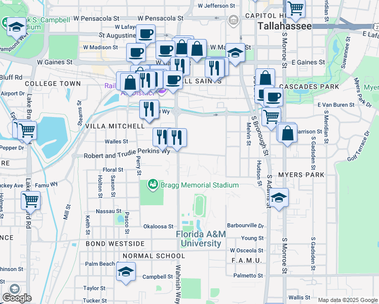 map of restaurants, bars, coffee shops, grocery stores, and more near 500 Gamble Street in Tallahassee