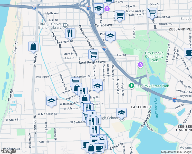map of restaurants, bars, coffee shops, grocery stores, and more near 602 East Harrison Street in Baton Rouge