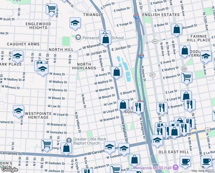 map of restaurants, bars, coffee shops, grocery stores, and more near 1604 North Baylen Street in Pensacola