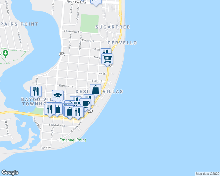 map of restaurants, bars, coffee shops, grocery stores, and more near 814 Bay Boulevard in Pensacola