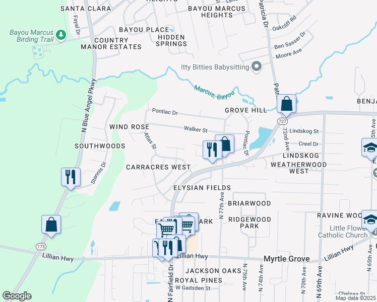 map of restaurants, bars, coffee shops, grocery stores, and more near 7859 Galaxy Court in Pensacola