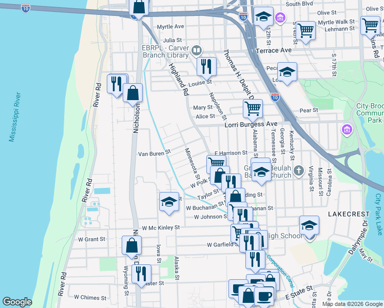 map of restaurants, bars, coffee shops, grocery stores, and more near 1920 Minnesota Street in Baton Rouge