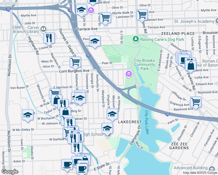 map of restaurants, bars, coffee shops, grocery stores, and more near 2019 Virginia St in Baton Rouge