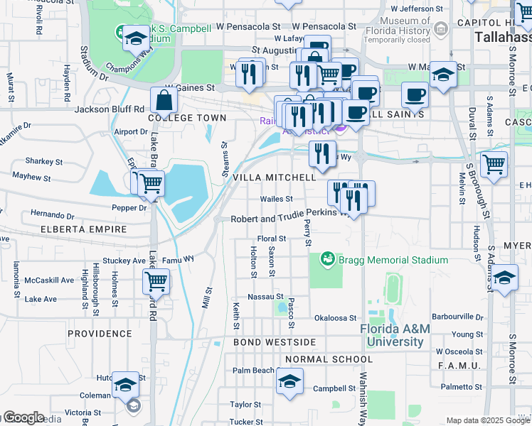 map of restaurants, bars, coffee shops, grocery stores, and more near 1421 Russell Street in Tallahassee