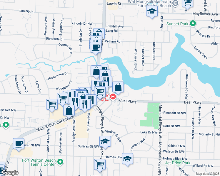 map of restaurants, bars, coffee shops, grocery stores, and more near 39 Oak Street in Fort Walton Beach