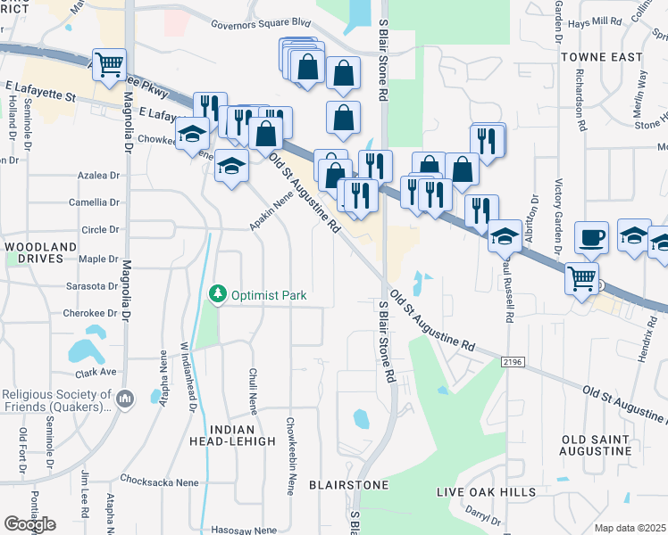 map of restaurants, bars, coffee shops, grocery stores, and more near Myrtle Drive in Tallahassee