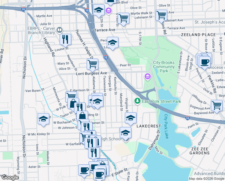 map of restaurants, bars, coffee shops, grocery stores, and more near 922 East Harrison Street in Baton Rouge