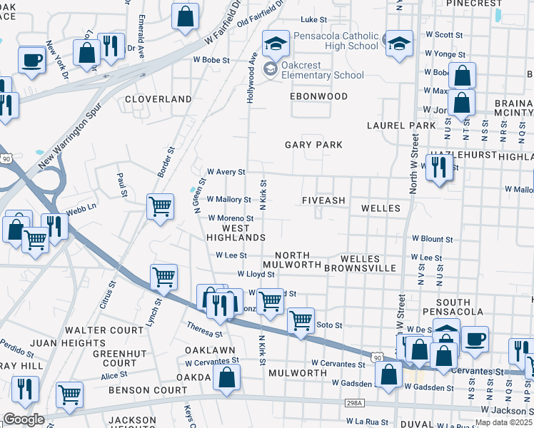map of restaurants, bars, coffee shops, grocery stores, and more near 1602 North Kirk Street in Pensacola
