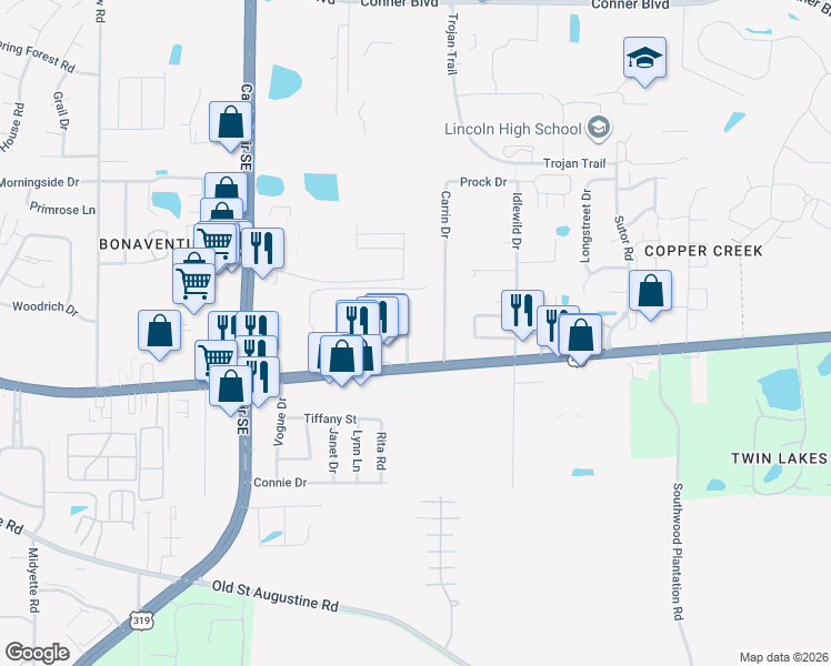 map of restaurants, bars, coffee shops, grocery stores, and more near 3242 Big Oak Street in Tallahassee