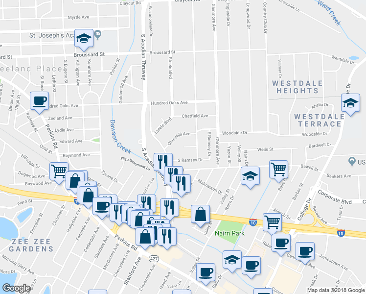 map of restaurants, bars, coffee shops, grocery stores, and more near 3999 Richland Circle in Baton Rouge