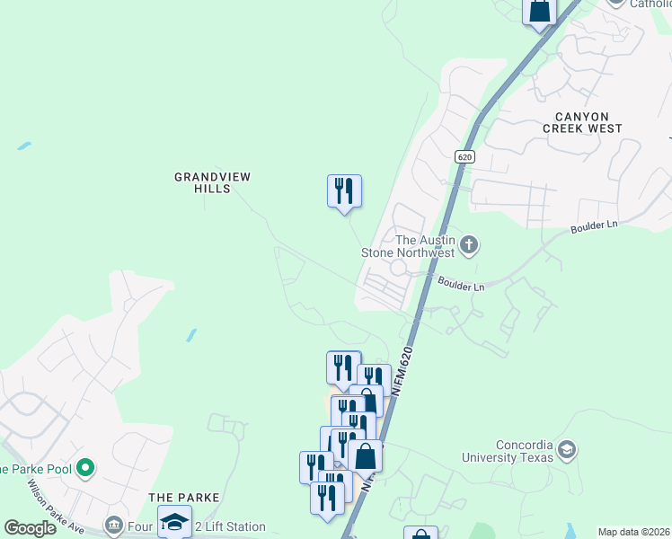 map of restaurants, bars, coffee shops, grocery stores, and more near 12016 Terraza Circle in Austin