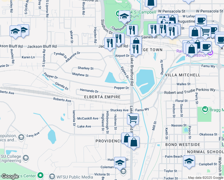 map of restaurants, bars, coffee shops, grocery stores, and more near 1327 Pepper Drive in Tallahassee