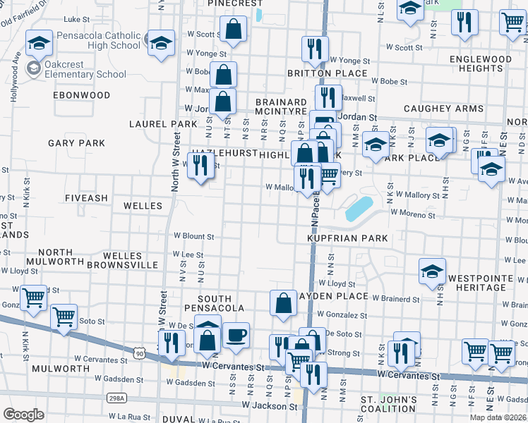 map of restaurants, bars, coffee shops, grocery stores, and more near 2413 West Moreno Street in Pensacola