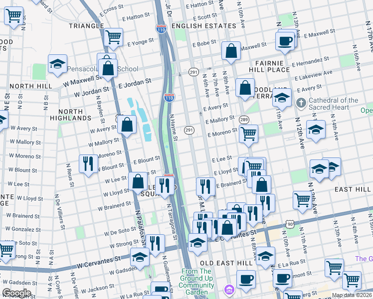 map of restaurants, bars, coffee shops, grocery stores, and more near 1504 North Hayne Street in Pensacola