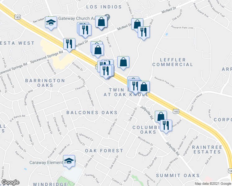 map of restaurants, bars, coffee shops, grocery stores, and more near 12102 Jollyville Road in Austin