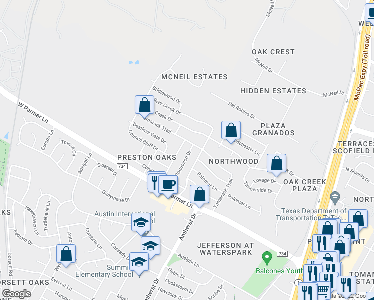 map of restaurants, bars, coffee shops, grocery stores, and more near 12810 Poquoson Drive in Austin