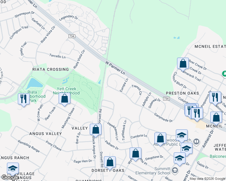 map of restaurants, bars, coffee shops, grocery stores, and more near 5101 Ganymede Drive in Austin