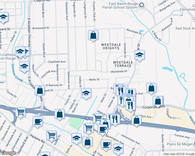 map of restaurants, bars, coffee shops, grocery stores, and more near 4603 Wells Street in Baton Rouge