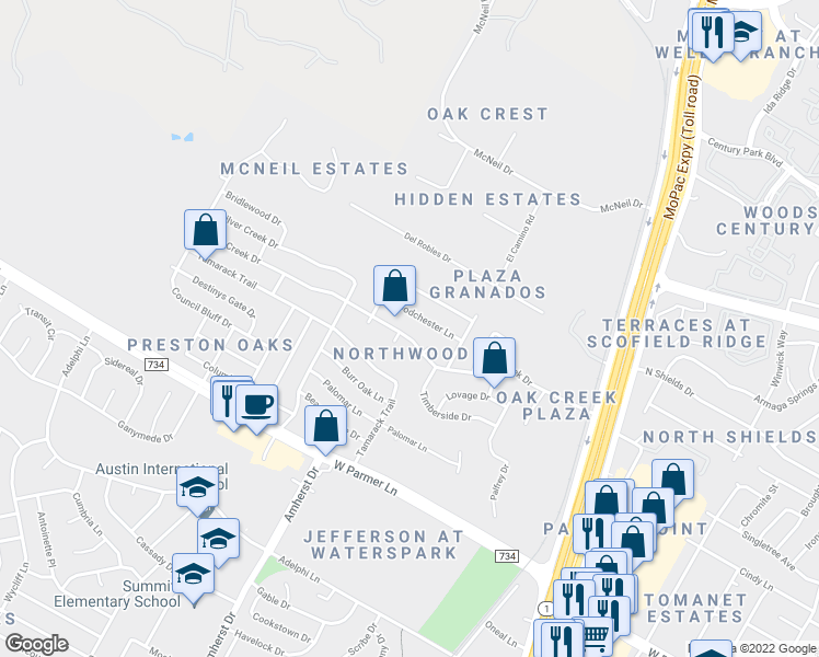 map of restaurants, bars, coffee shops, grocery stores, and more near 3806 Oak Creek Dr in Austin