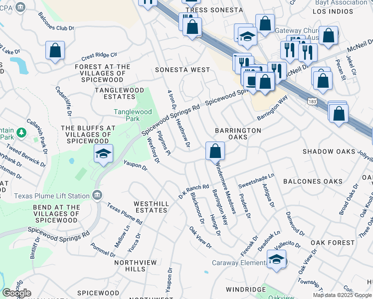 map of restaurants, bars, coffee shops, grocery stores, and more near 11500 Heathrow Drive in Austin